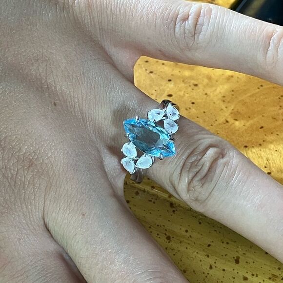 Sky Blue Topaz Rainbow Moonstone Sterling Silver Ring Size 8 - Picture 4 of 9